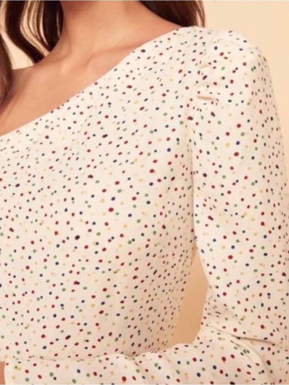 Reformation One-Shoulder Francine White Polka Dot Puff-Sleeve Top